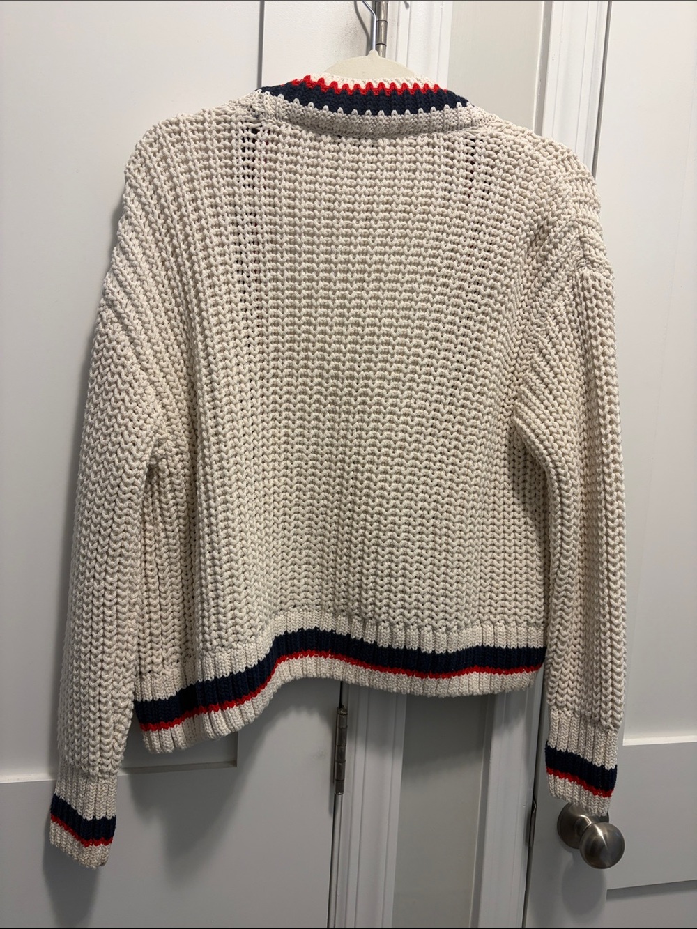 Zara Cream Knit Cardigan with Red & Navy Stripe Trim - Picture 4 of 4